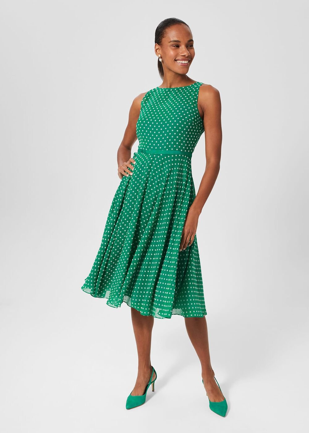 Della Spot Fit And Flare Dress, Green Ivory, hi-res