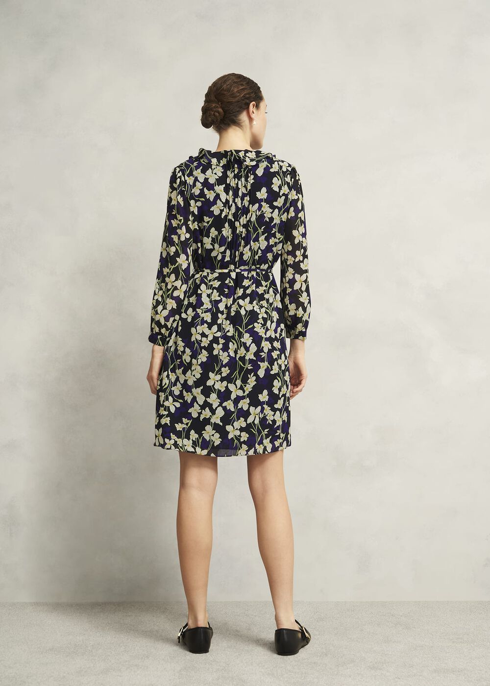 Navy Floral Zoe Dress with Ruffle Neck, Navy Multi, hi-res