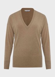 Dahlia V Neck Cashmere Sweater, Camel, hi-res