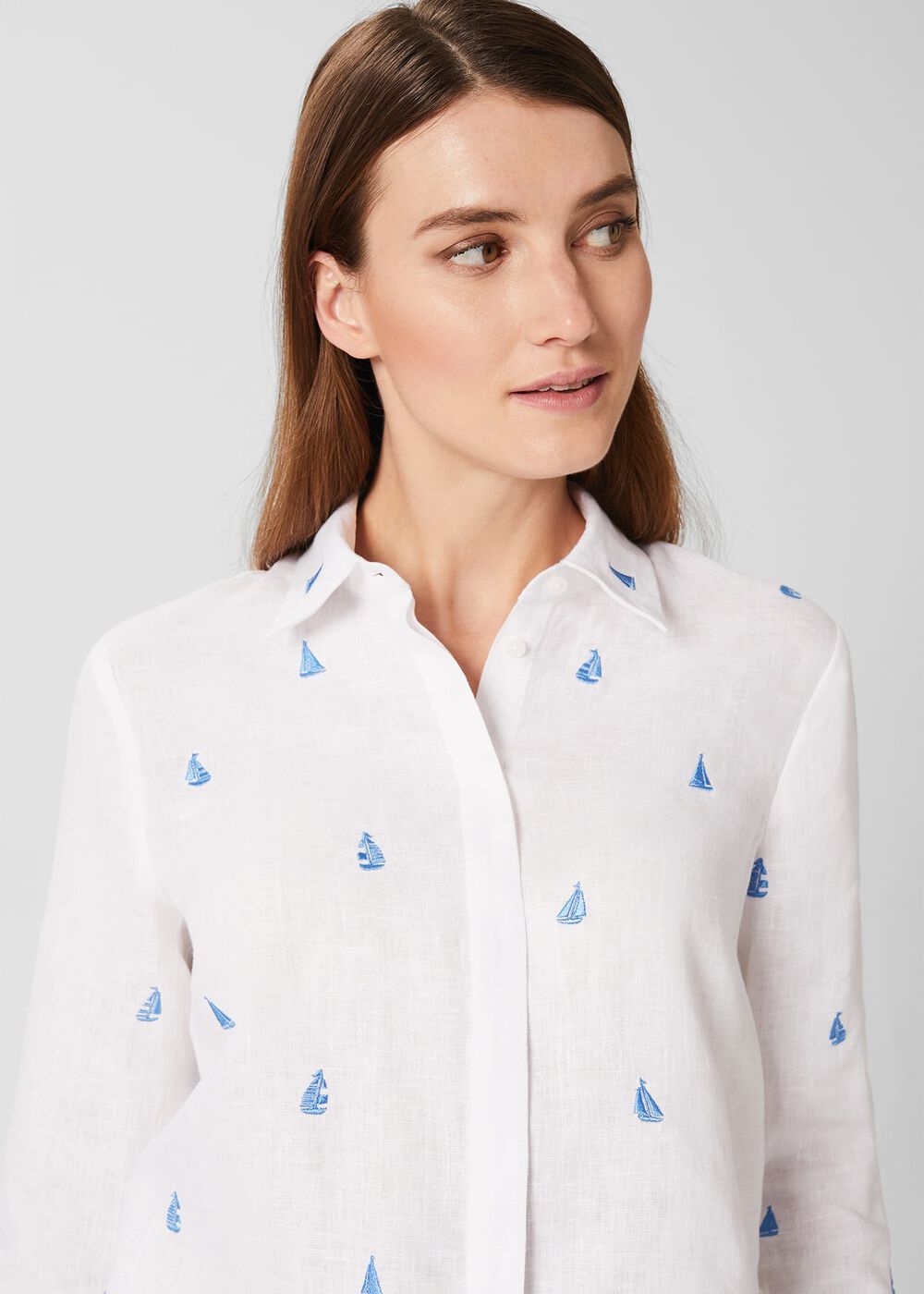 Embroidered Nita Linen Shirt, White Sky Blue, hi-res