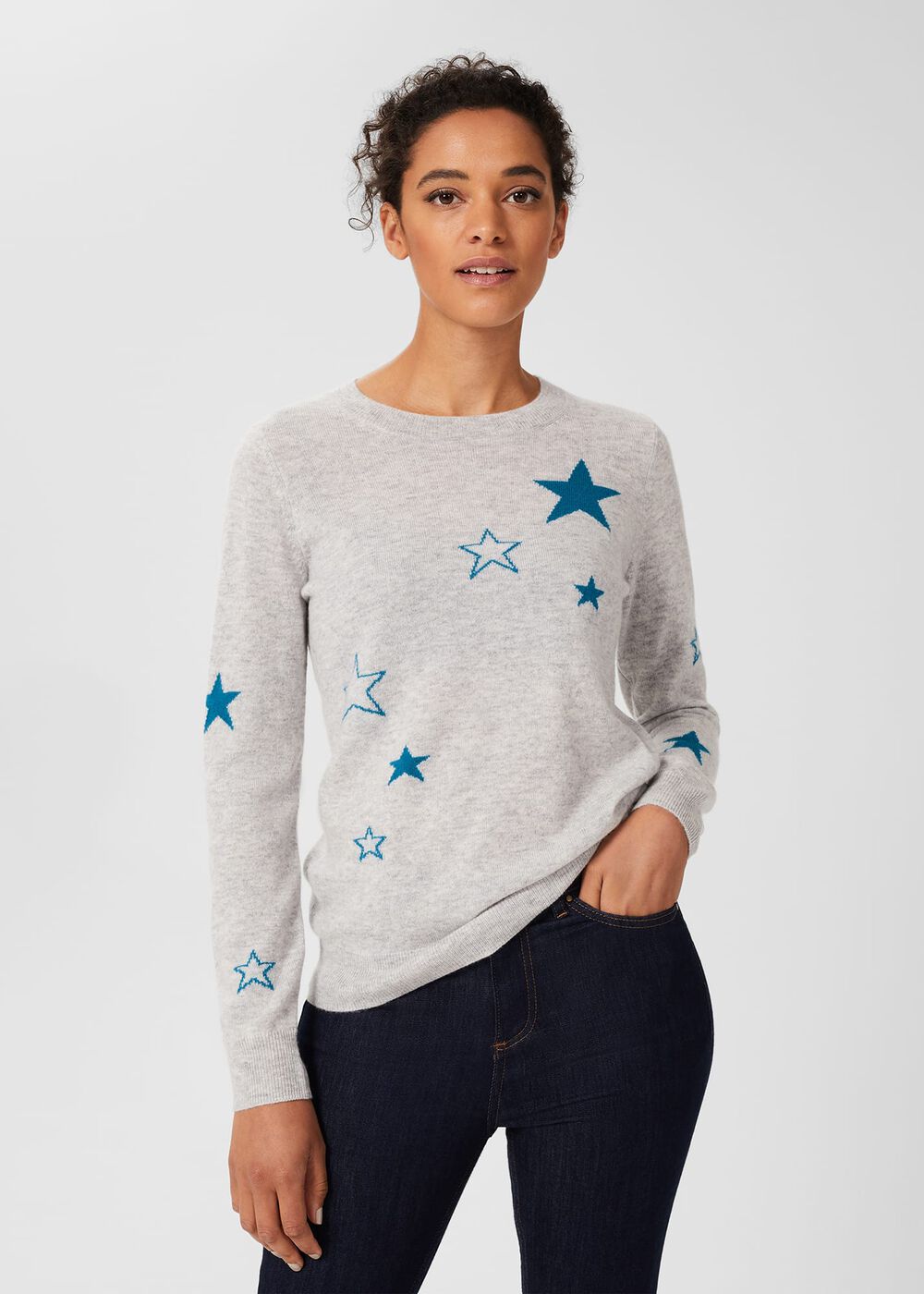Samira Wool Cashmere Star Jumper, Grey Blue, hi-res