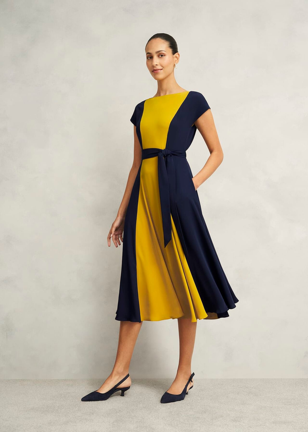 Emery Tie Belted Dress, Navy Yellow, hi-res