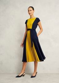 Emery Tie Belted Dress, Navy Yellow, hi-res