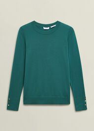 Dark Green Penny Merino Wool Crew Neck Knitted Sweater, Deep Lake Green, hi-res