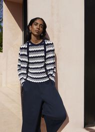 Navy Osterley Chevron Stripe V Neck Knitted Cardigan, Navy Ivory, hi-res
