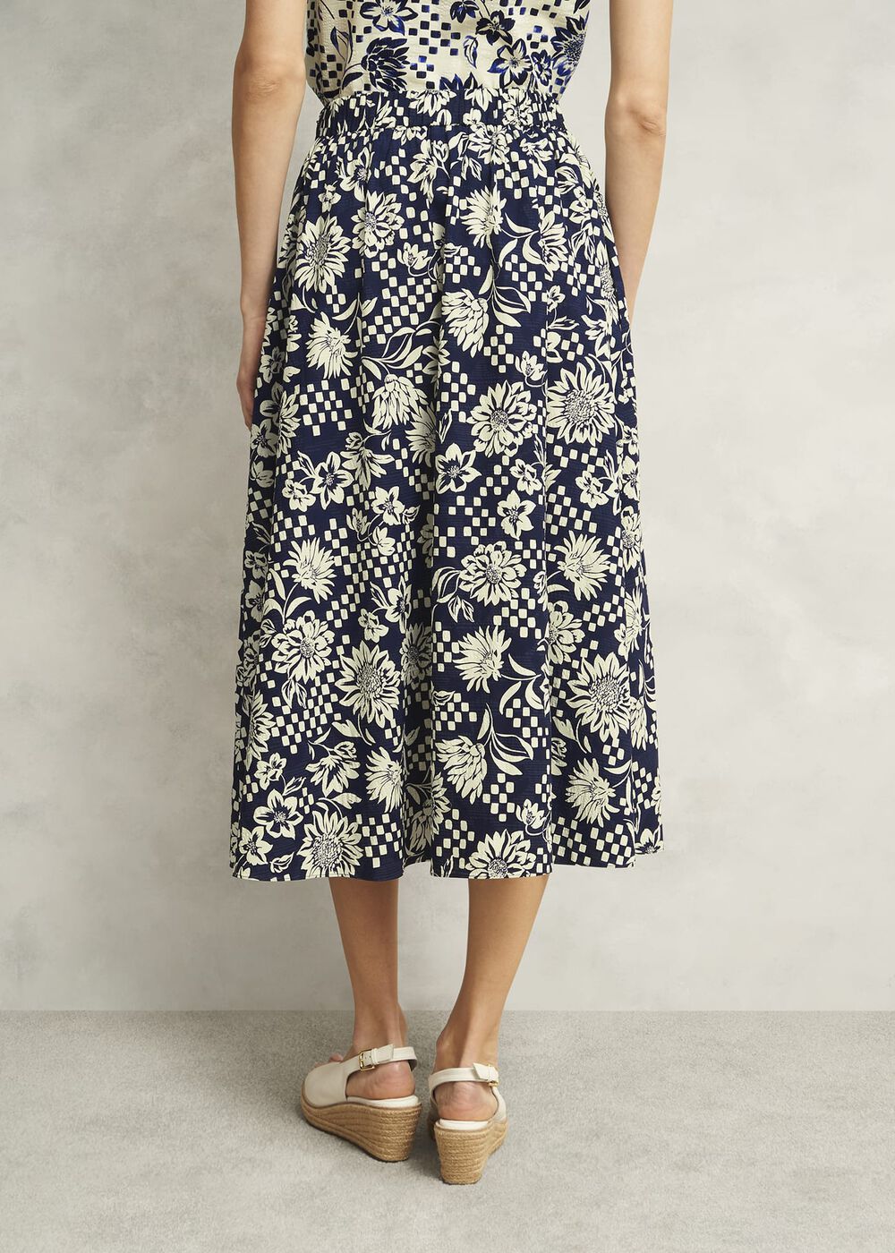 Rousham Cotton Midi Skirt, Navy Cream, hi-res