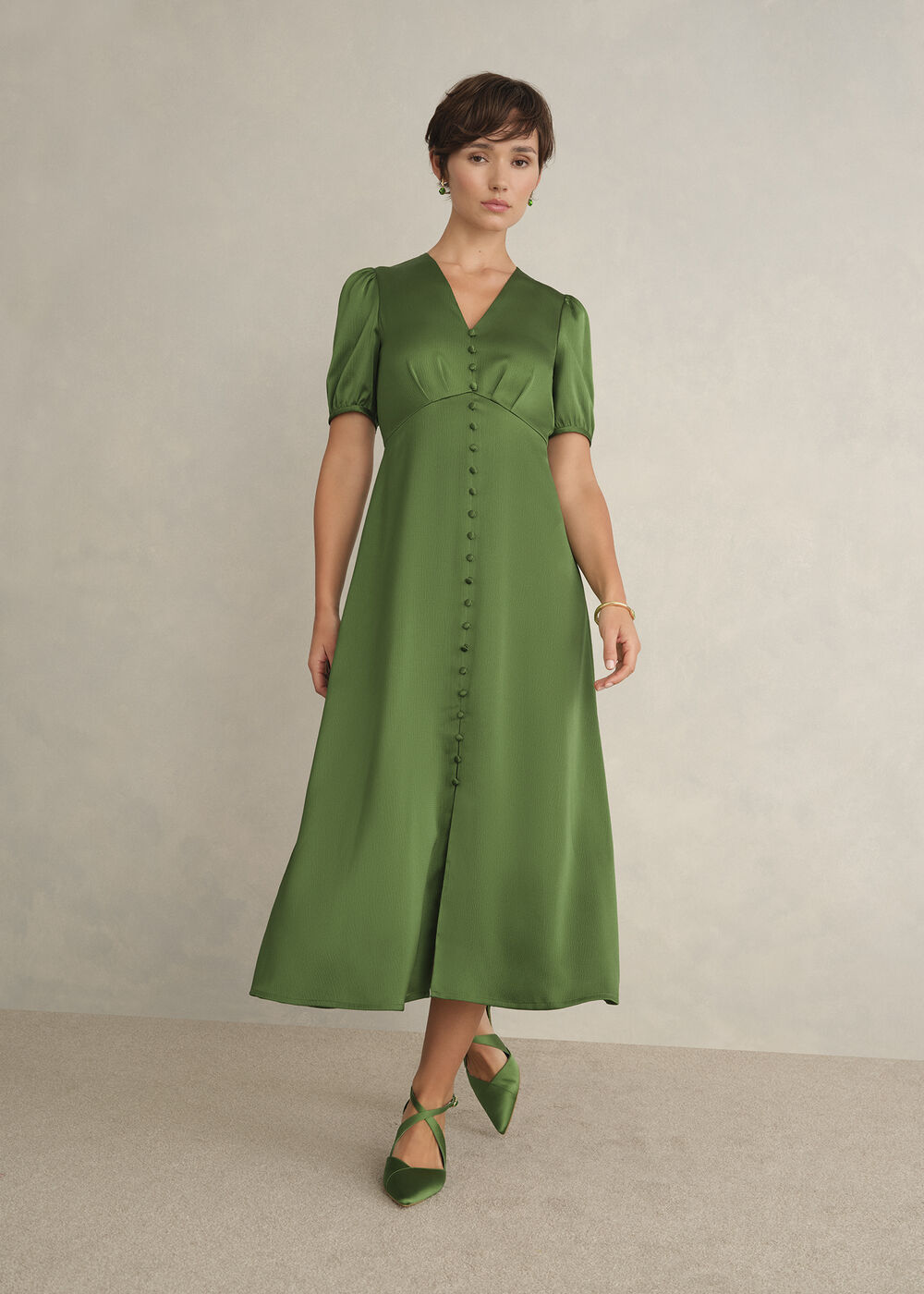 Isabelle Textured Satin Dress, Bay Leaf Green, hi-res