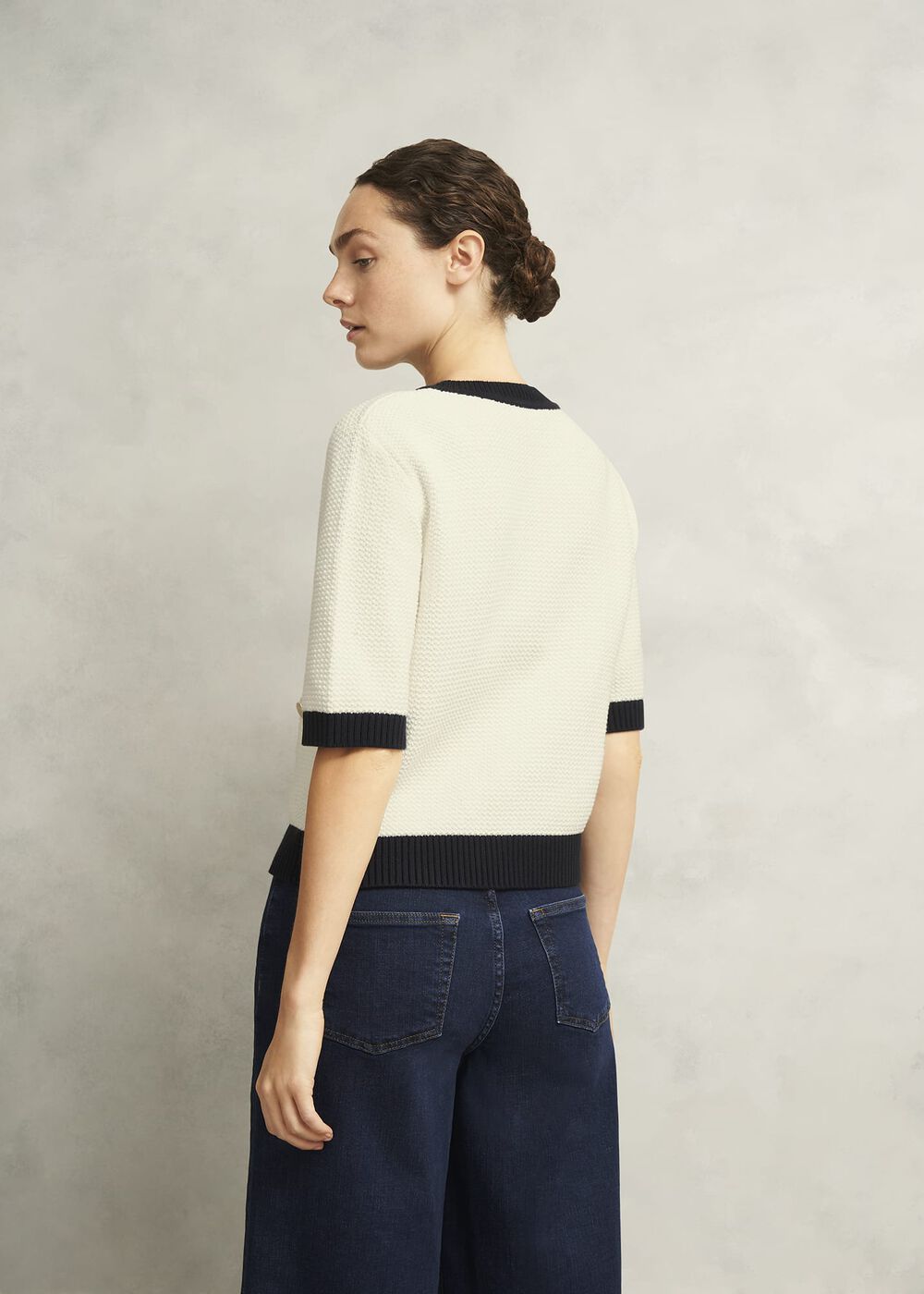 Emily Cotton Cardigan, Ivory Navy, hi-res