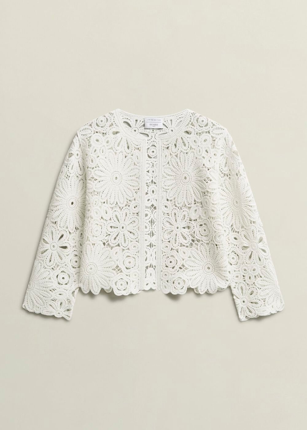 Ivory Syon Floral Cotton Crochet Knitted Jacket, Ivory, hi-res