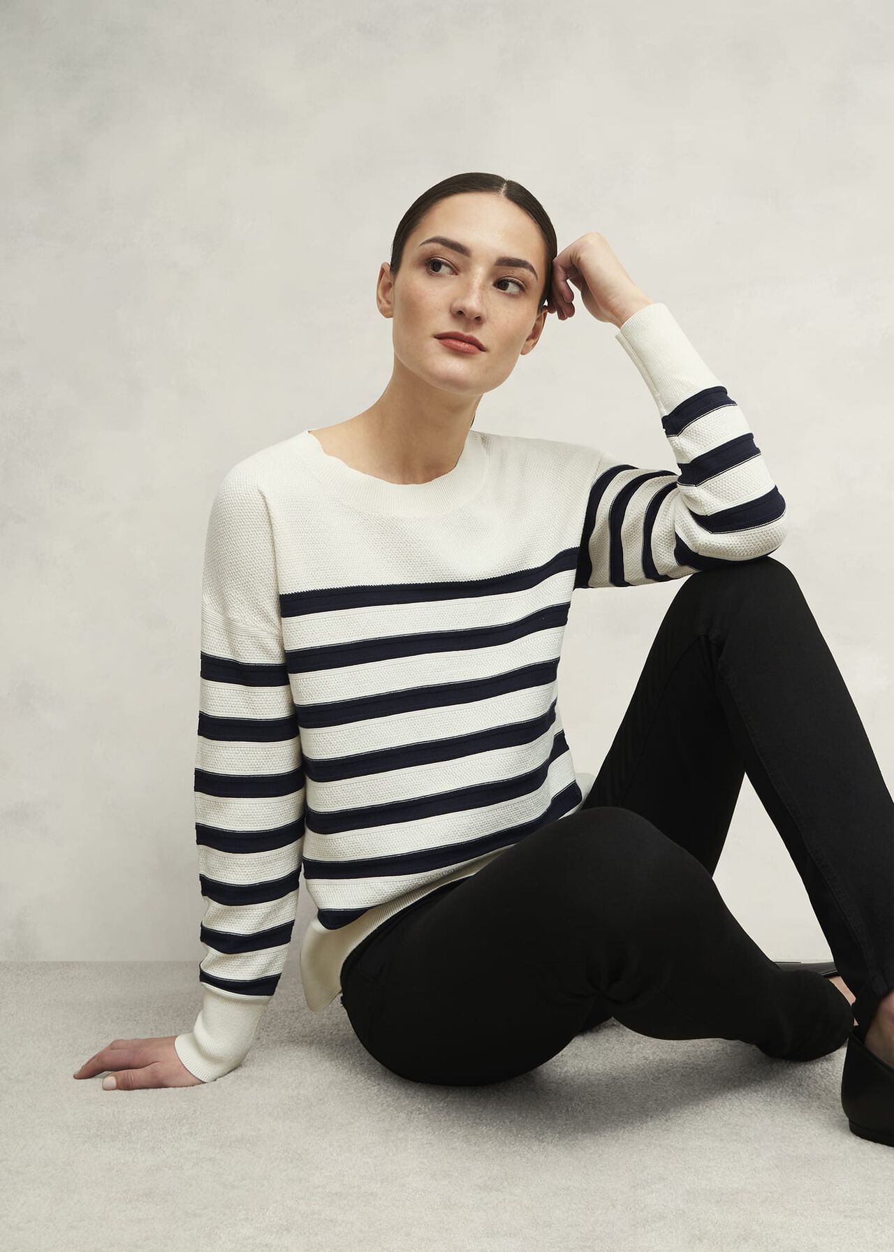Amoura Striped Cotton Sweater, Ivory Navy, hi-res