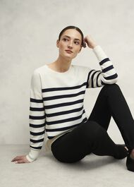 Amoura Striped Cotton Sweater, Ivory Navy, hi-res