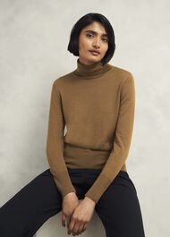 Clarendon Wool Silk Roll Neck Jumper, Classic Vicuna, hi-res