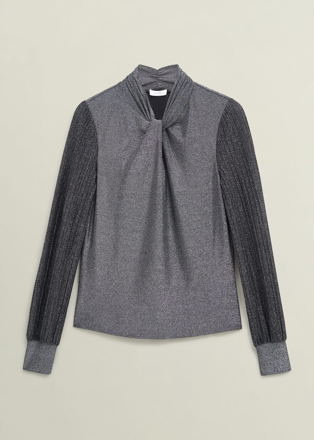 Silver Metallic Ashley Pleat Sleeve Twist Neck Top, Silver, hi-res
