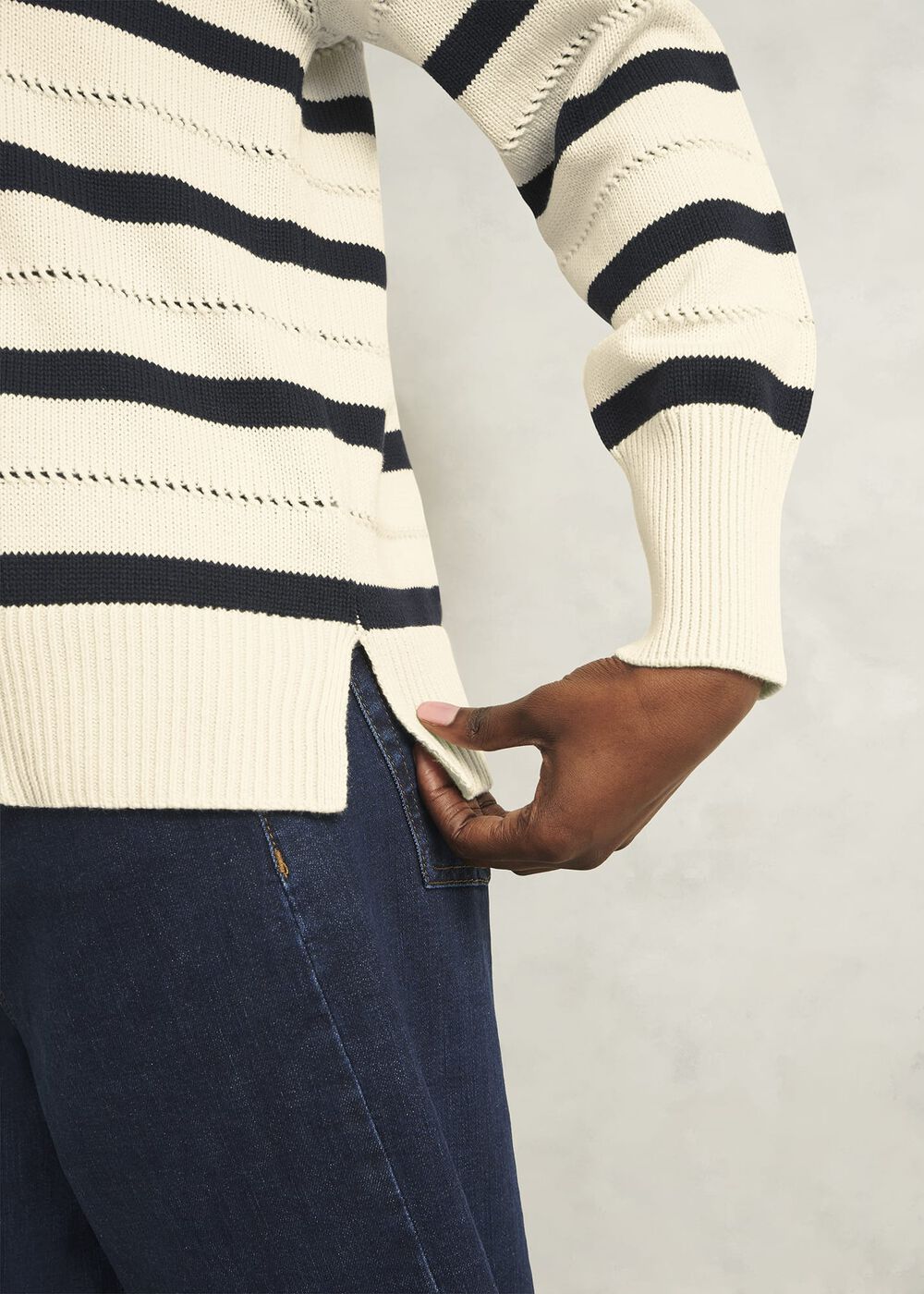 Ivory Beauford Cotton Stripe Polo Knitted Sweater, Cream Navy, hi-res