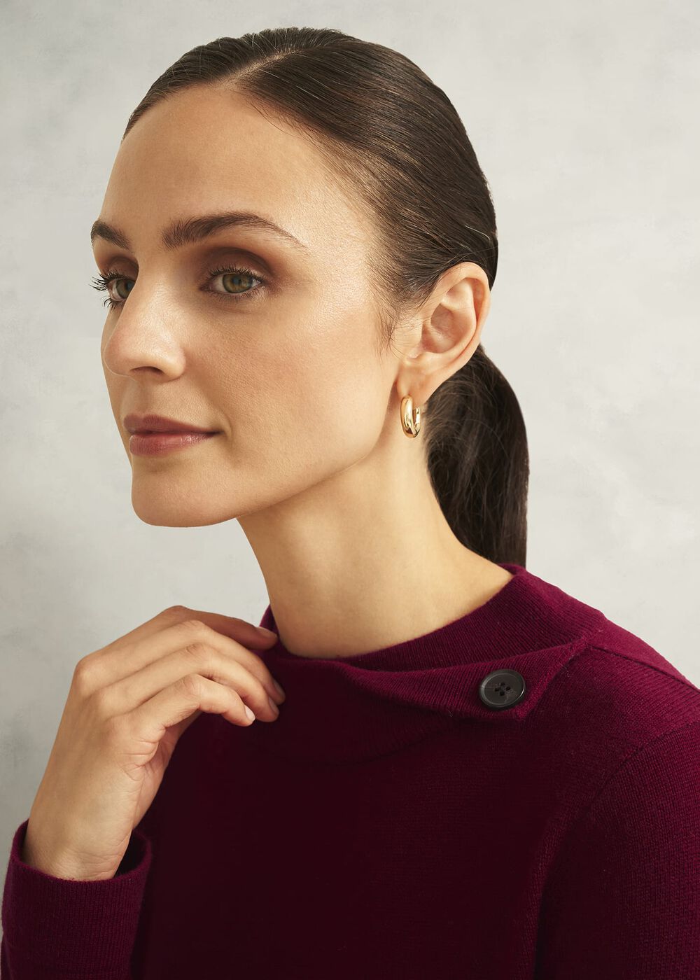 Burgundy Talia Cashmere Blend Button Neck Sweater, Beryl Red, hi-res