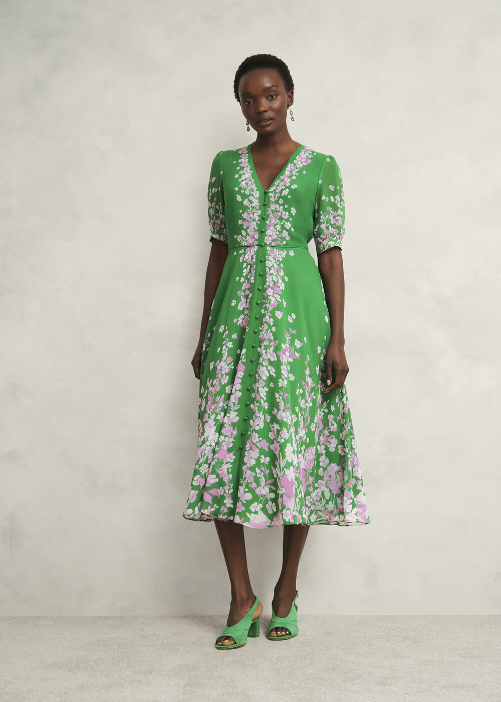 Petite Ana Silk Floral Dress, Green Pink, hi-res