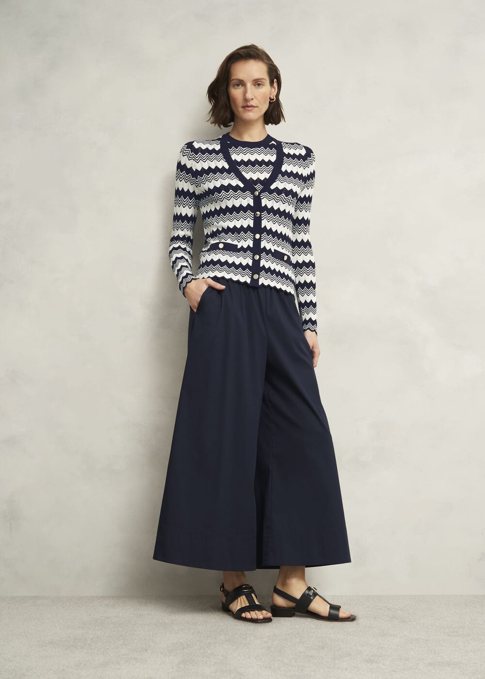 Navy Osterley Chevron Stripe V Neck Knitted Cardigan, Navy Ivory, hi-res