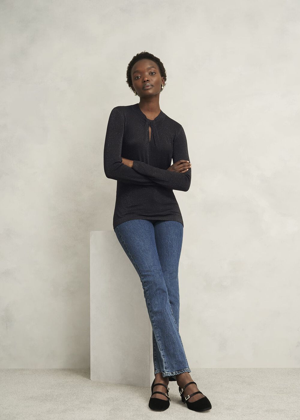 Sparkle Effie Keyhole Knitted Sweater, Black, hi-res