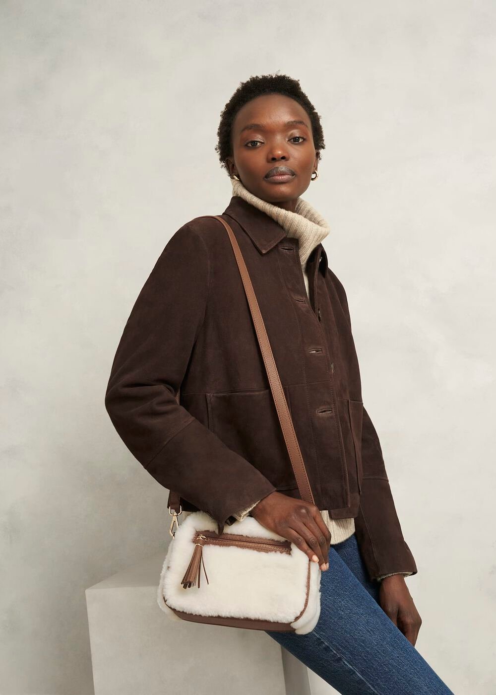 Carlton Shearling Crossbody Bag, Tan, hi-res