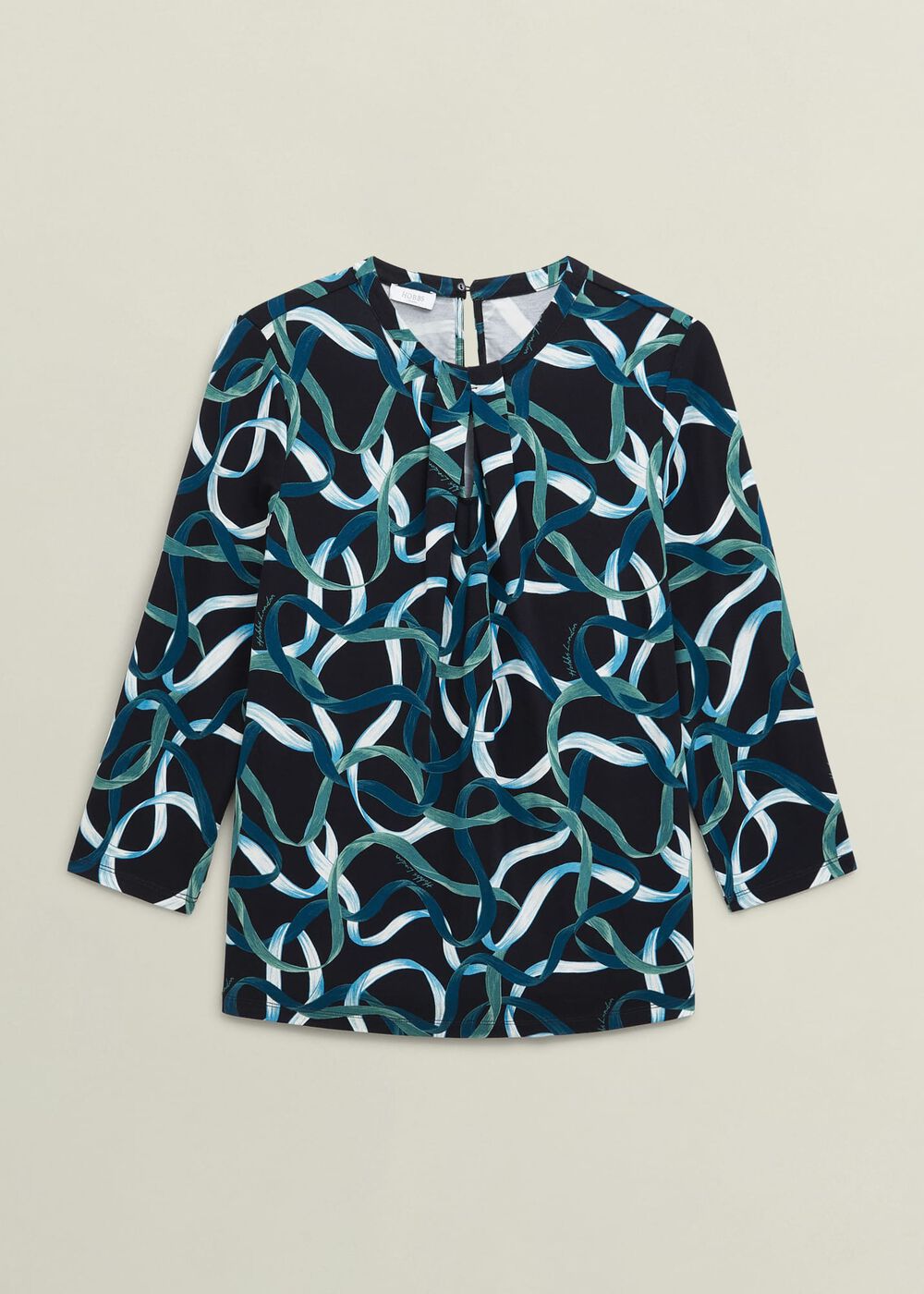 Blue Julia Ribbon Printed Key Hole 3/4 Sleeve Top, Navy Blue, hi-res