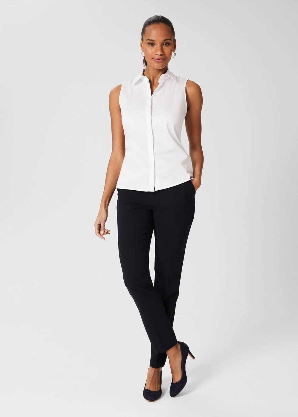 Sleeveless Vic Cotton Shirt , White, hi-res