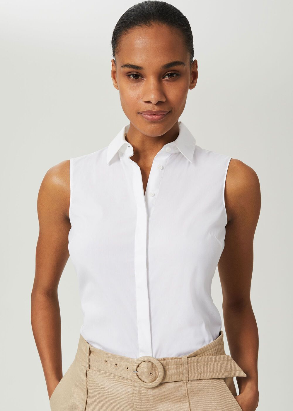 Sleeveless Victoria Cotton Blend Shirt, White, hi-res