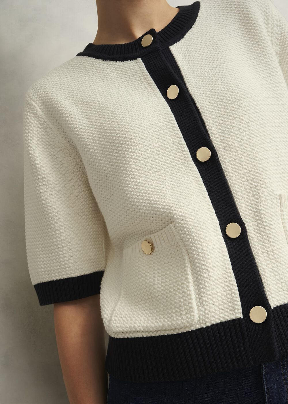 Emily Cotton Cardigan, Ivory Navy, hi-res