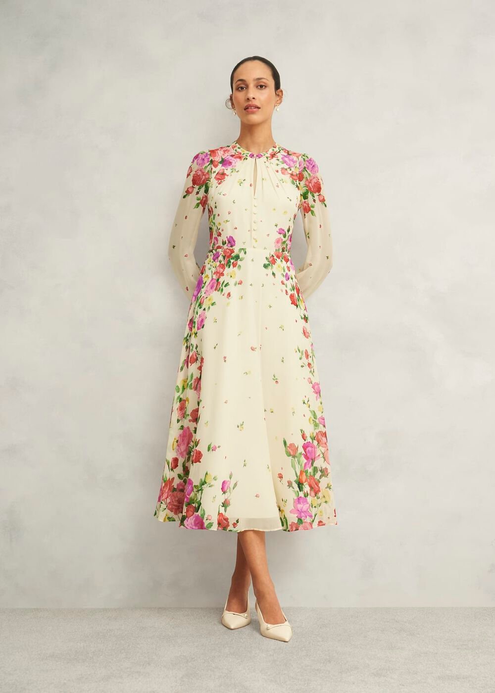 Eva Floral Silk Dress, Cream Multi, hi-res
