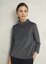 Tali Sparkle 3/4 Sleeve Roll Neck Top, Navy Silver, hi-res