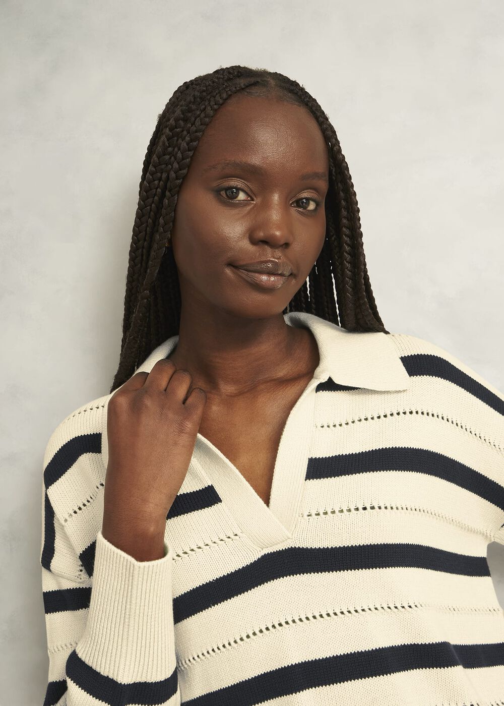 Ivory Beauford Cotton Stripe Polo Knitted Sweater, Cream Navy, hi-res