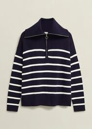 Amy Stripe Cotton Sweater, Warm Ivory Navy, hi-res