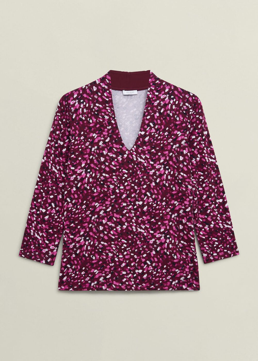 Burgundy Aimee Printed V Neck 3/4 Sleeve Top, Beryl Red, hi-res