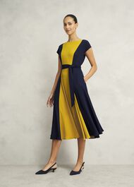 Petite Emery Tie Belted Dress, Navy Yellow, hi-res