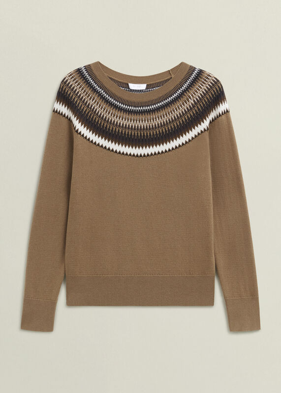 Camel Greta Wool Blend Fairisle Crew Neck Knitted Jumper