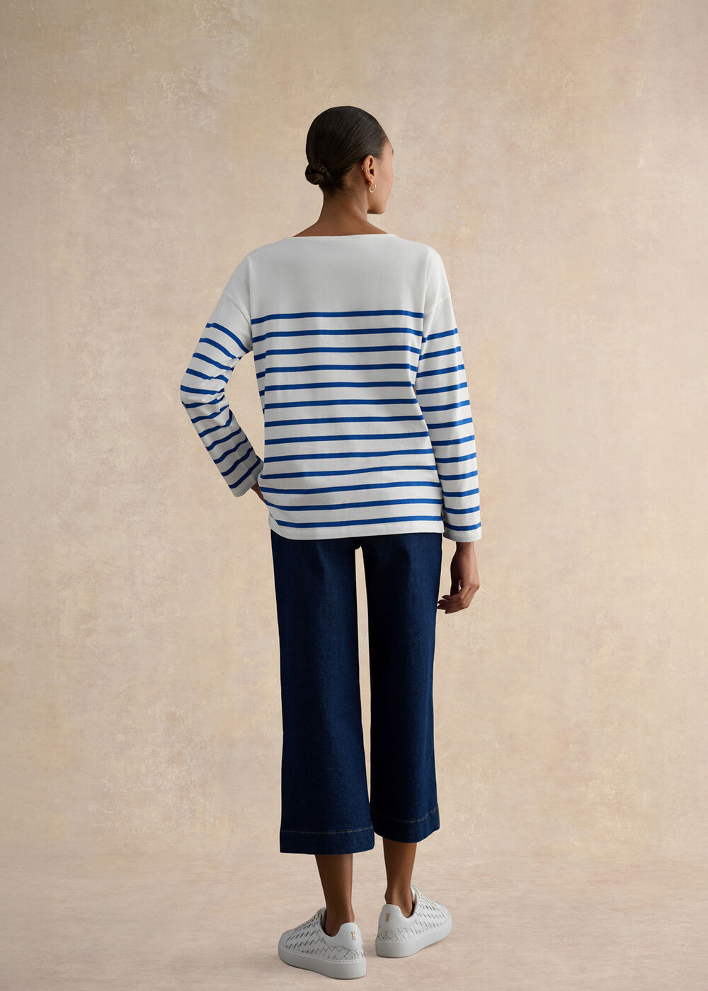 Sian Striped Long Sleeve Cotton Top, Ivory Blue, hi-res