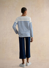 Sian Striped Long Sleeve Cotton Top, Ivory Blue, hi-res