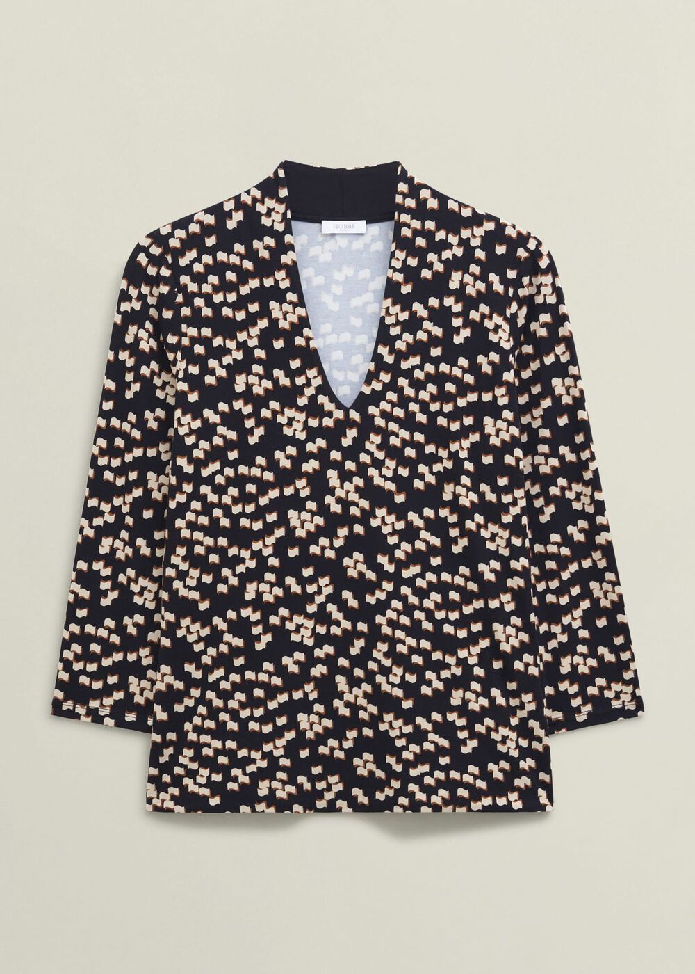 Navy Aimee Printed V Neck 3/4 Sleeve Top, Navy Ivory, hi-res