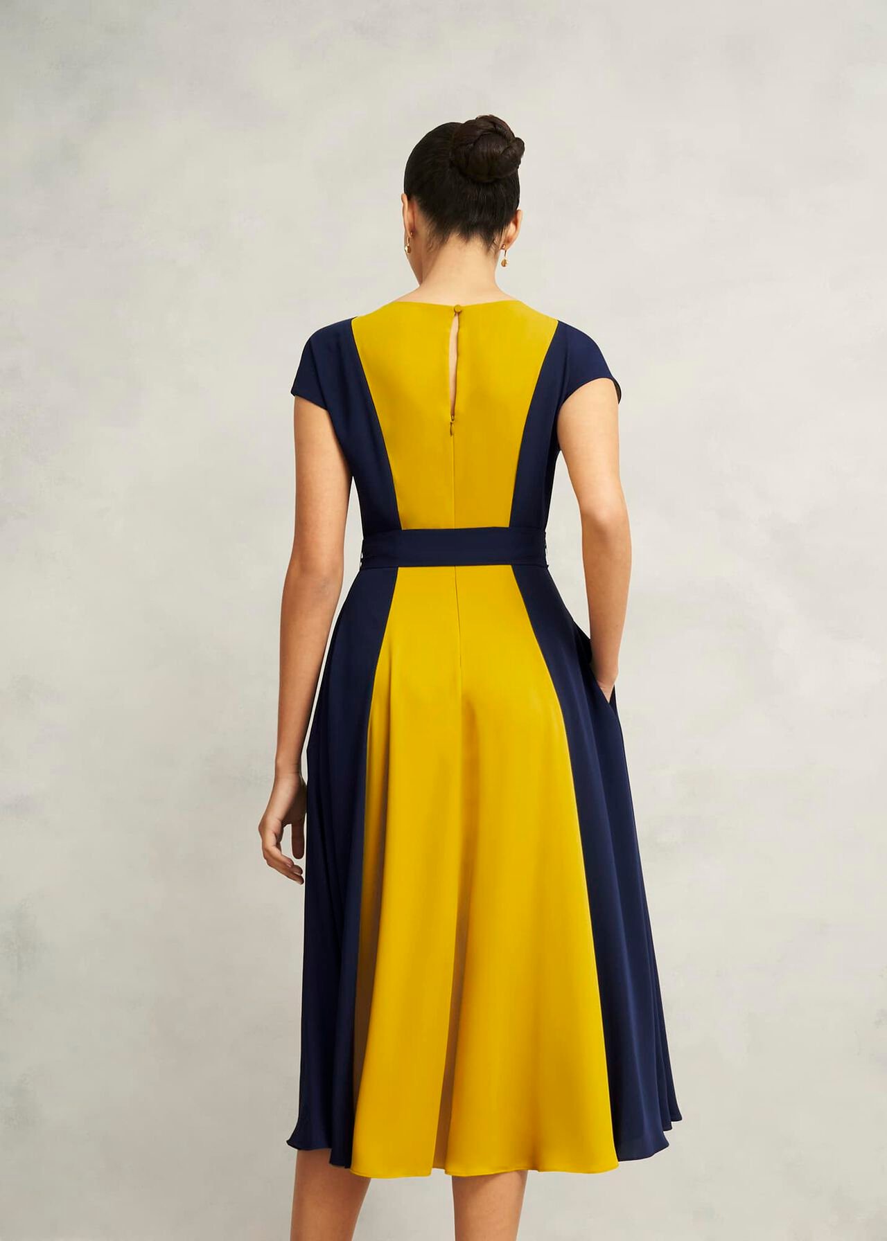 Emery Tie Belted Dress, Navy Yellow, hi-res