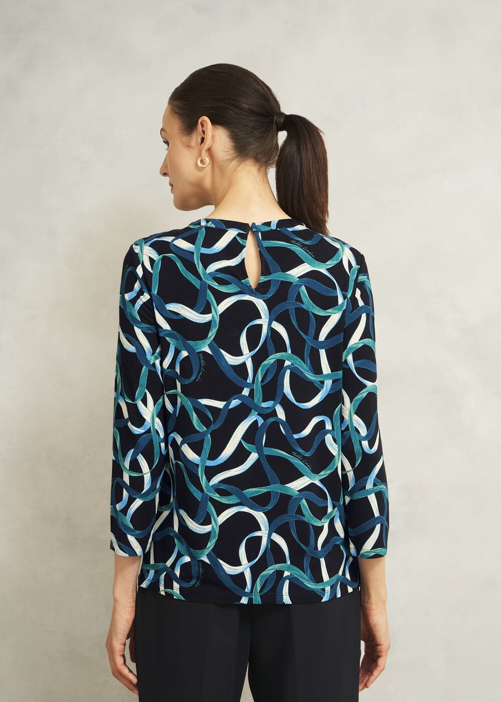 Blue Julia Ribbon Printed Key Hole 3/4 Sleeve Top, Navy Blue, hi-res
