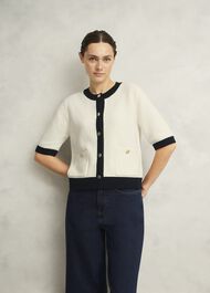Emily Cotton Cardigan, Ivory Navy, hi-res