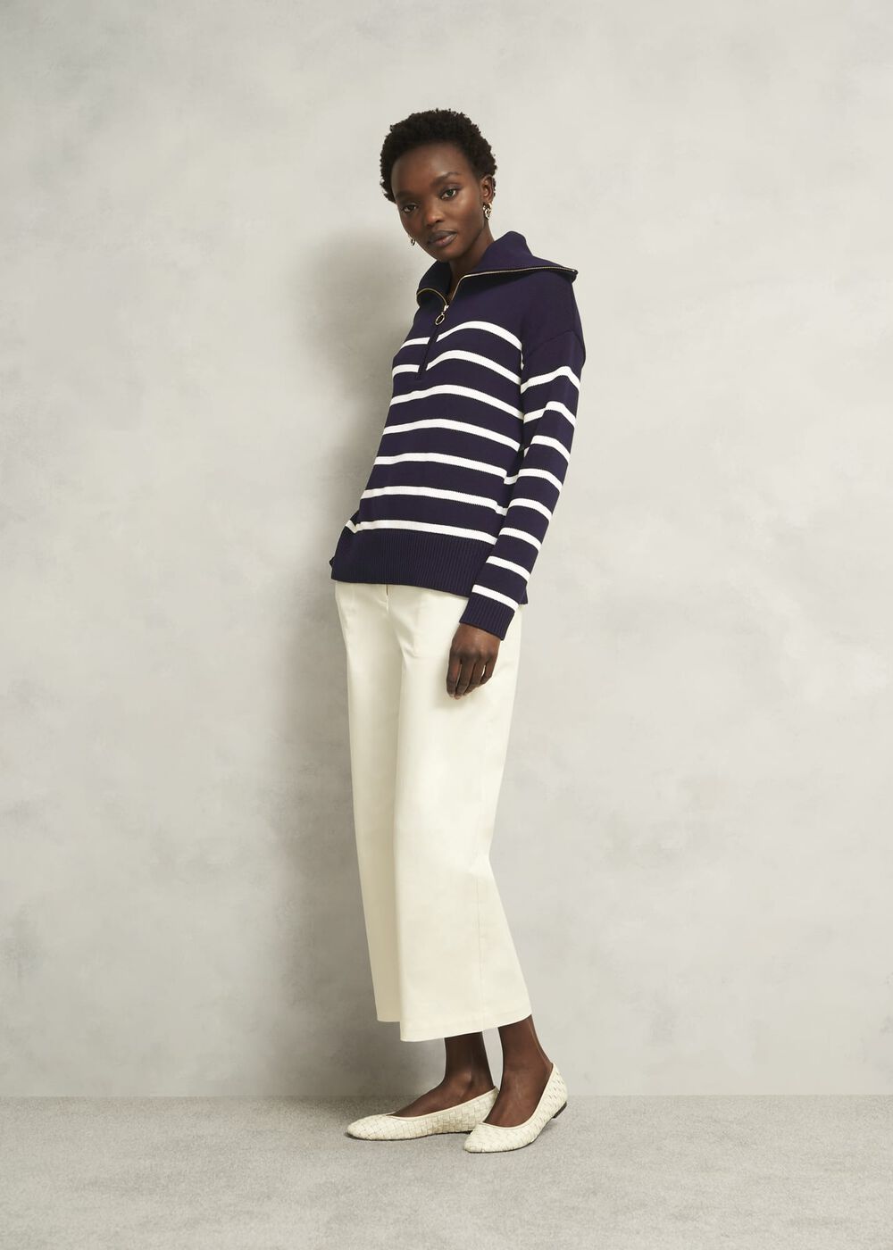 Amy Stripe Cotton Sweater, Warm Ivory Navy, hi-res
