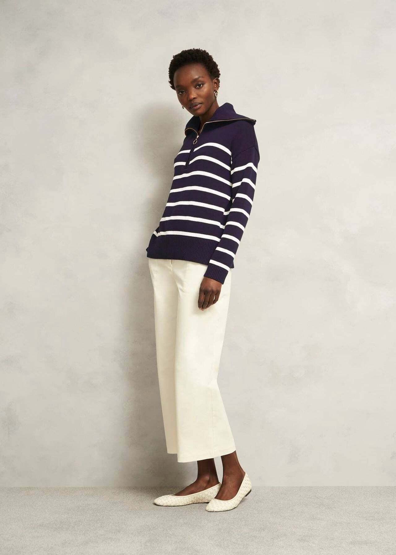 Amy Stripe Cotton Sweater, Warm Ivory Navy, hi-res