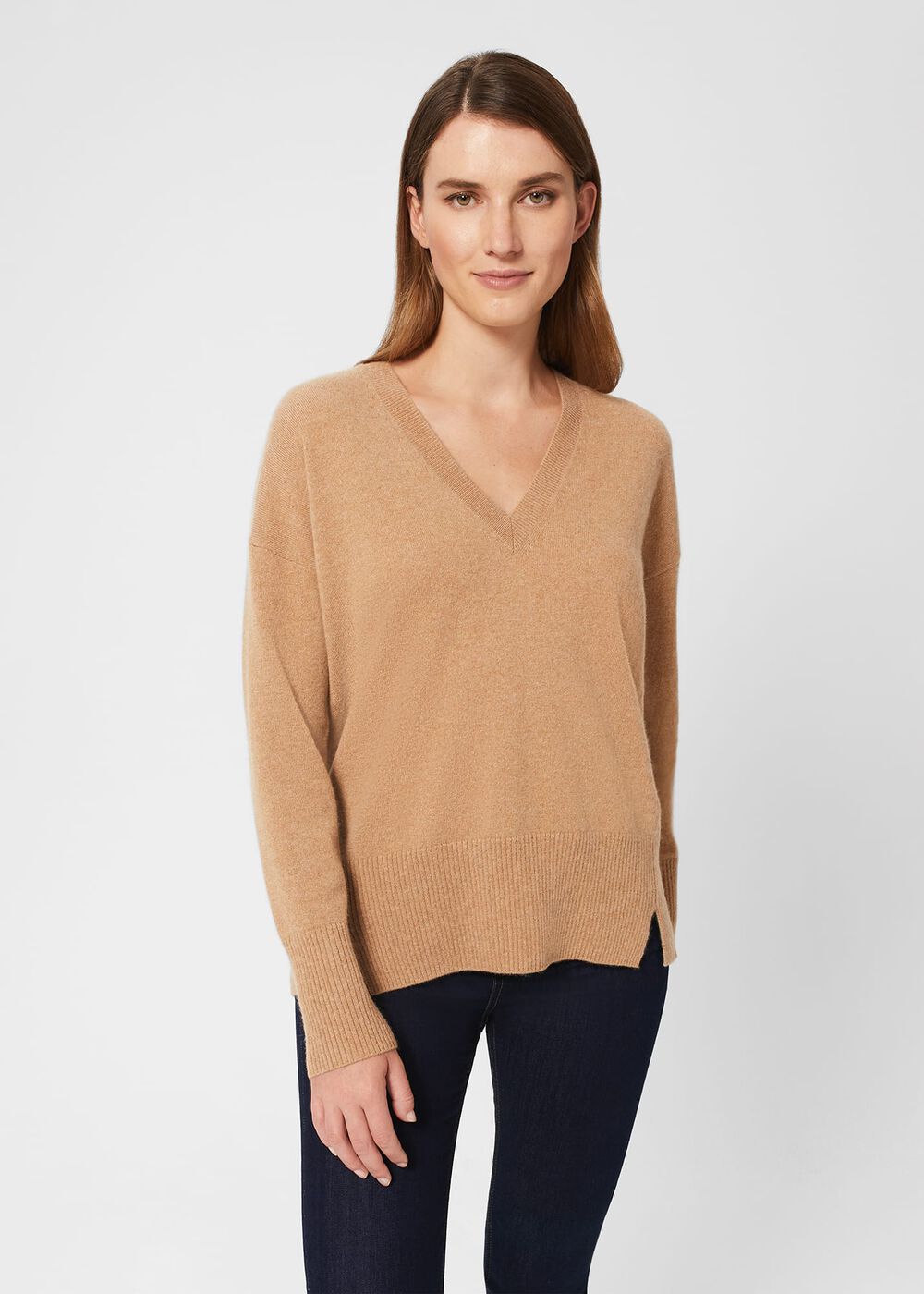 Dahlia V Neck Cashmere Sweater, Camel, hi-res