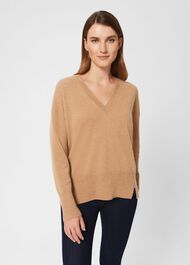 Dahlia V Neck Cashmere Sweater, Camel, hi-res