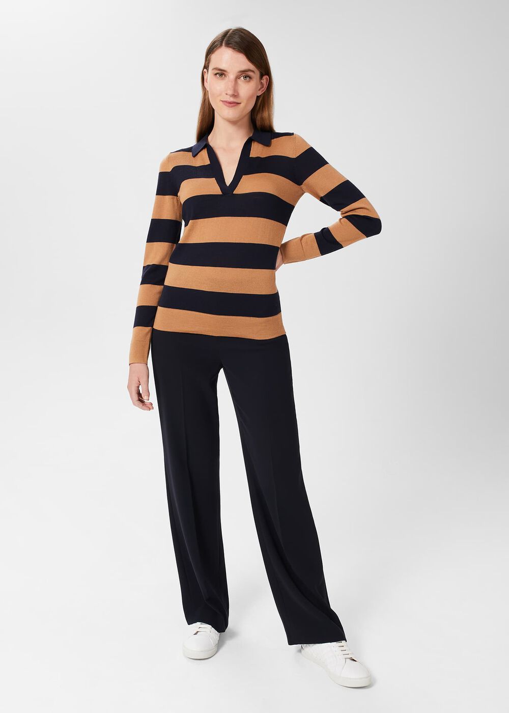 Alexis Merino Wool Stripe Polo Sweater, Navy Camel, hi-res
