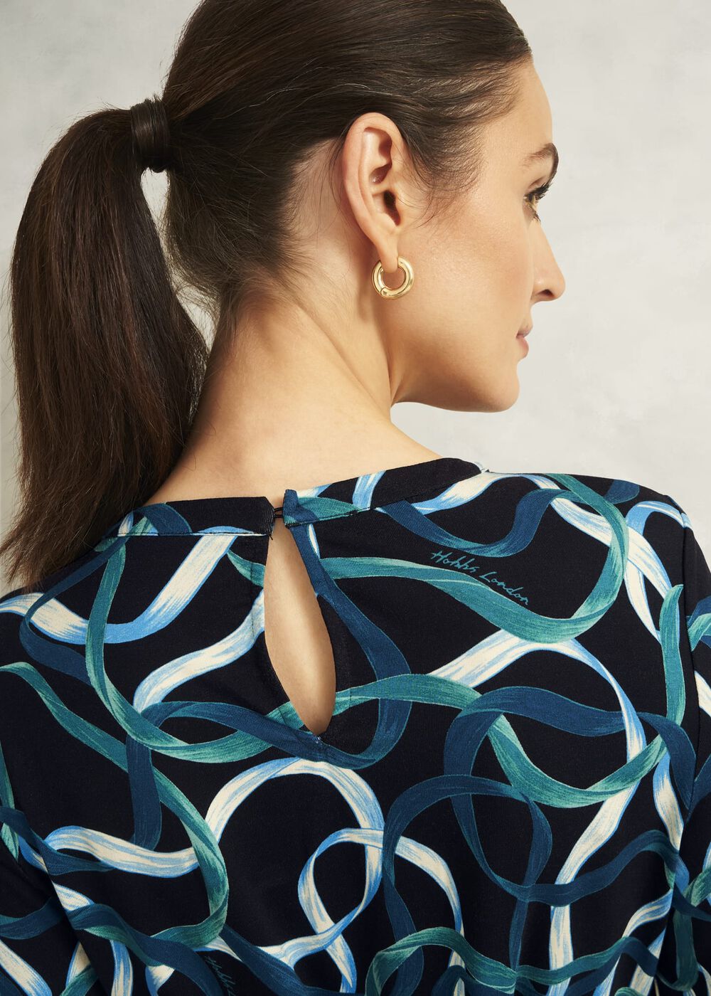 Blue Julia Ribbon Printed Key Hole 3/4 Sleeve Top, Navy Blue, hi-res