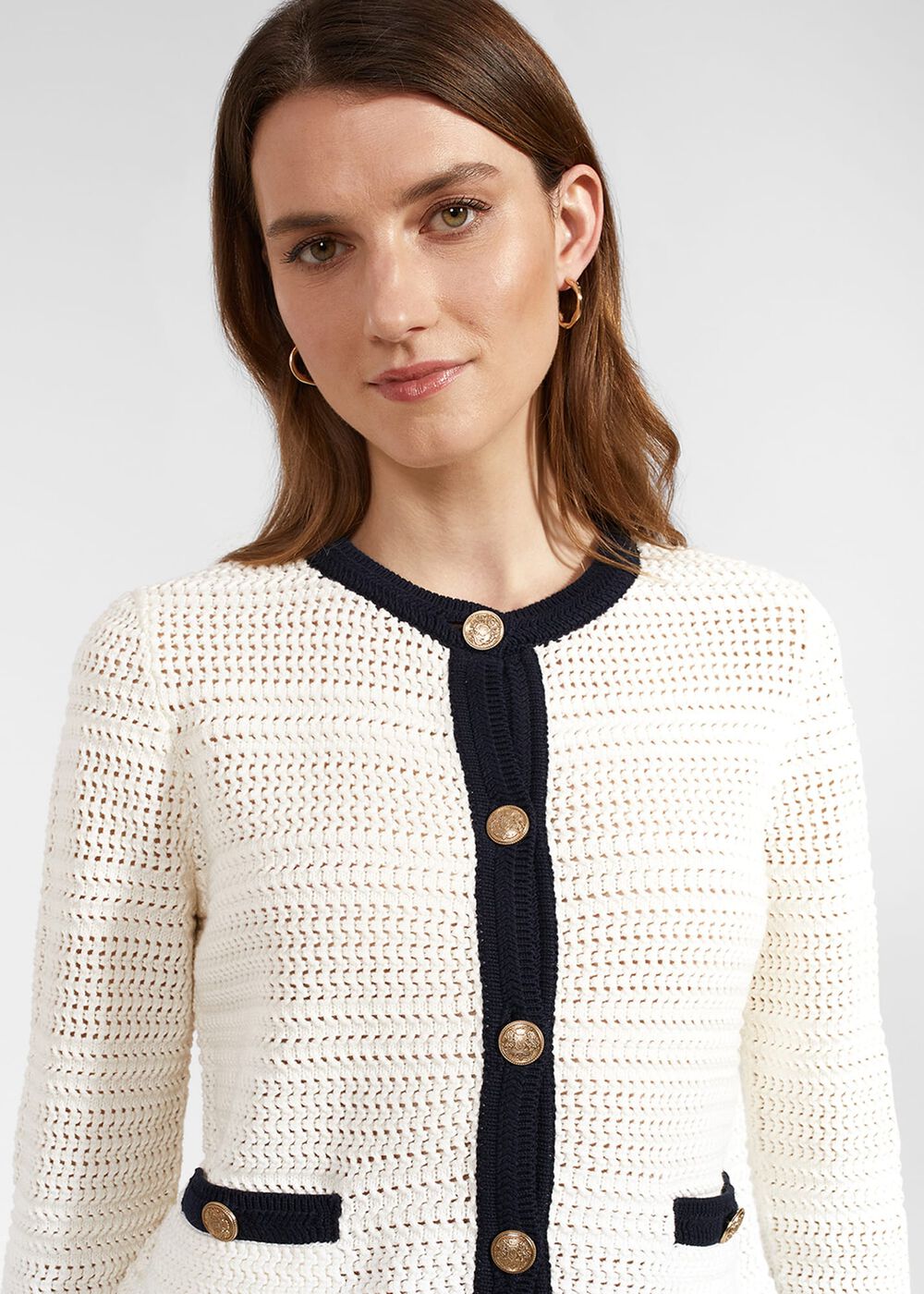 Nola Cotton Blend Knitted Jacket, Ivory Navy, hi-res