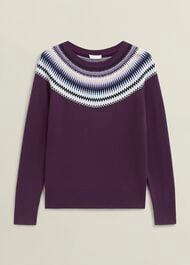 Purple Greta Wool Blend Fairisle Crew Neck Sweater, Vibrant Purple, hi-res