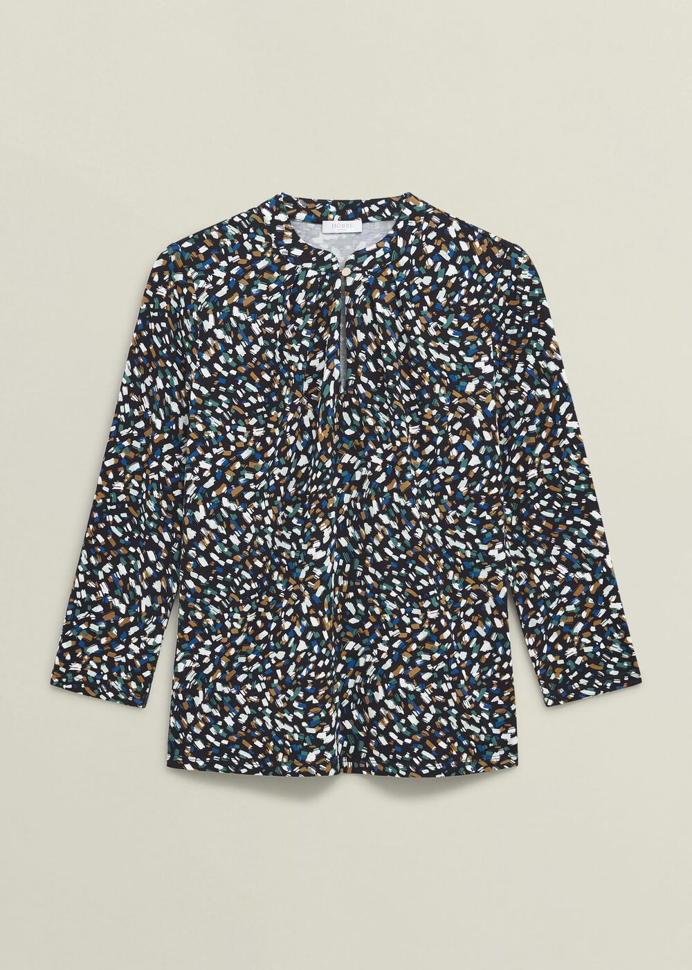 Navy Margot Printed Button Key Hole 3/4 Sleeve Top, Blue Multi, hi-res