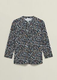 Navy Margot Printed Button Key Hole 3/4 Sleeve Top, Blue Multi, hi-res
